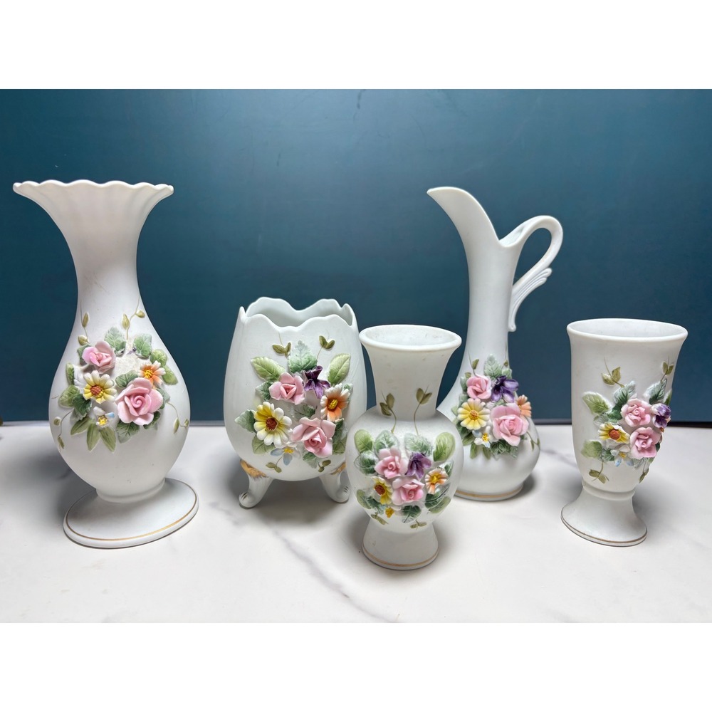 Lefton Japan Vintage Matte White Porcelain 3D Floral Bud Vase Planter Set 5pc